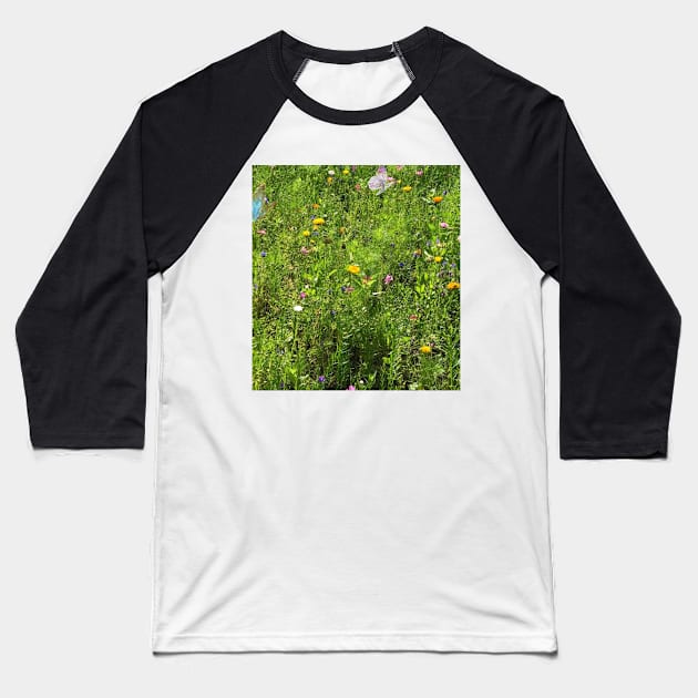 5 colorful angel butterflies over yellow dandelions and wild flowers in sunlight grass Baseball T-Shirt by Khala